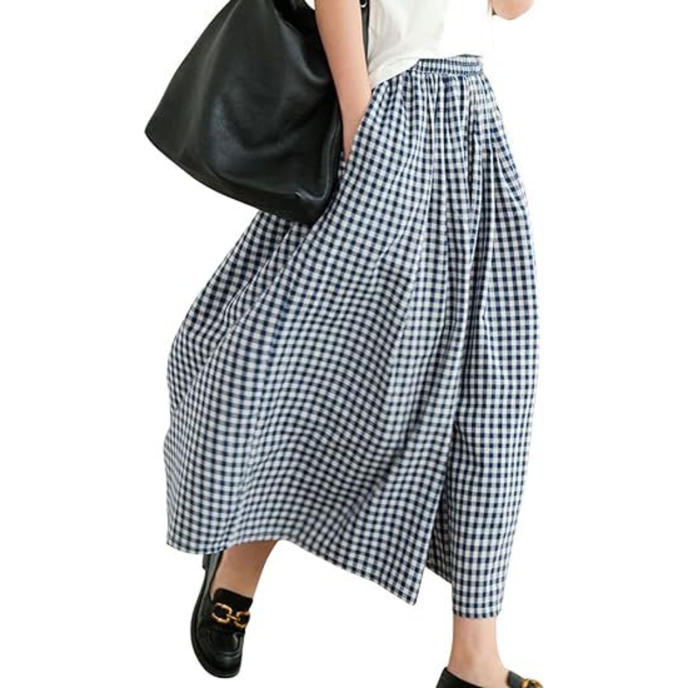 Women's Summer Plus Size Cotton Linen Plaid Gingham Wide Leg Pants Elastic Waist High Rise Loose Fit Capri Palazzo Pants for Office Casual Daily Wear, Comfort Breathable Lightweight Culottes Pants