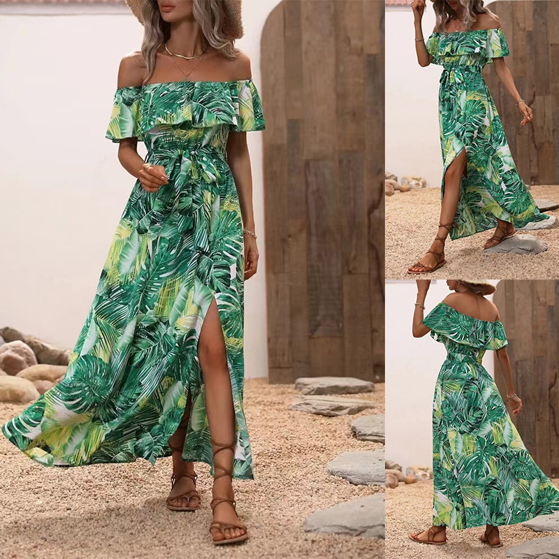 Women's New Summer Beach Vacation Style Belted Side-Slit Ruffled Floral Print Maxi Dress