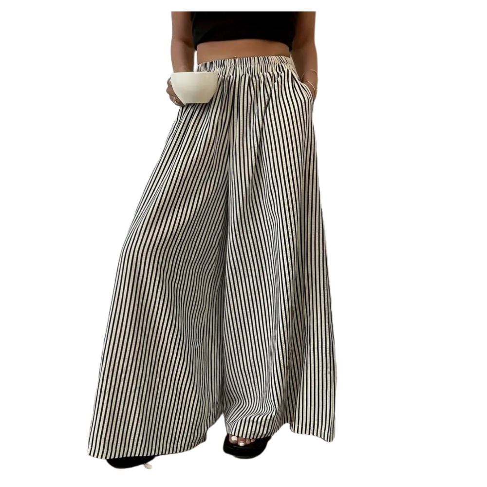Women's Trendy Striped Wide Leg Pants High Waisted Loose Fit Casual Trousers with Pockets, Slim Elegant Flowy Palazzo Pants for Daily Wear, Office & Weekend Outings
