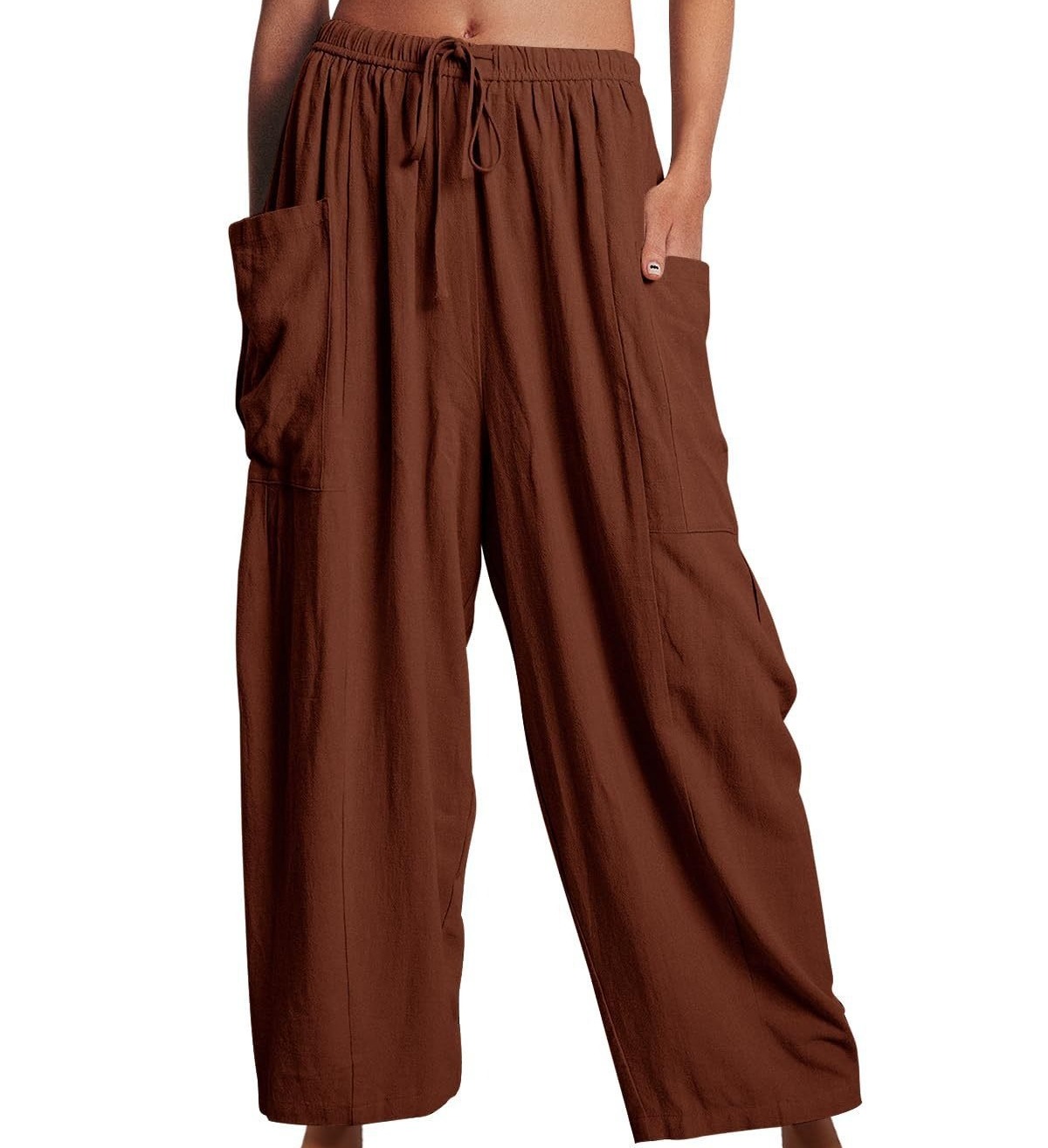 系带松紧腰褶皱高腰阔腿裤俩大口袋宽松休闲棉麻长裤