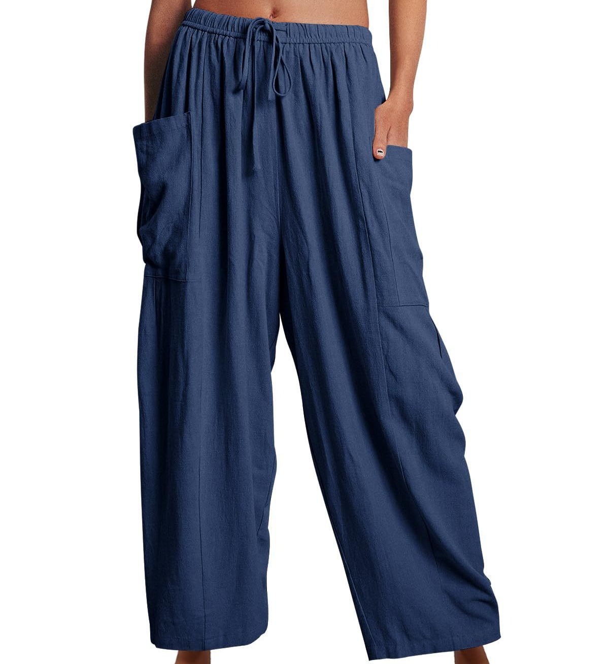 Women's Tie Waist Elastic High Waisted Ruffled Wide Leg Pants with Two Large Pockets  Loose Casual Linen Cotton Trousers