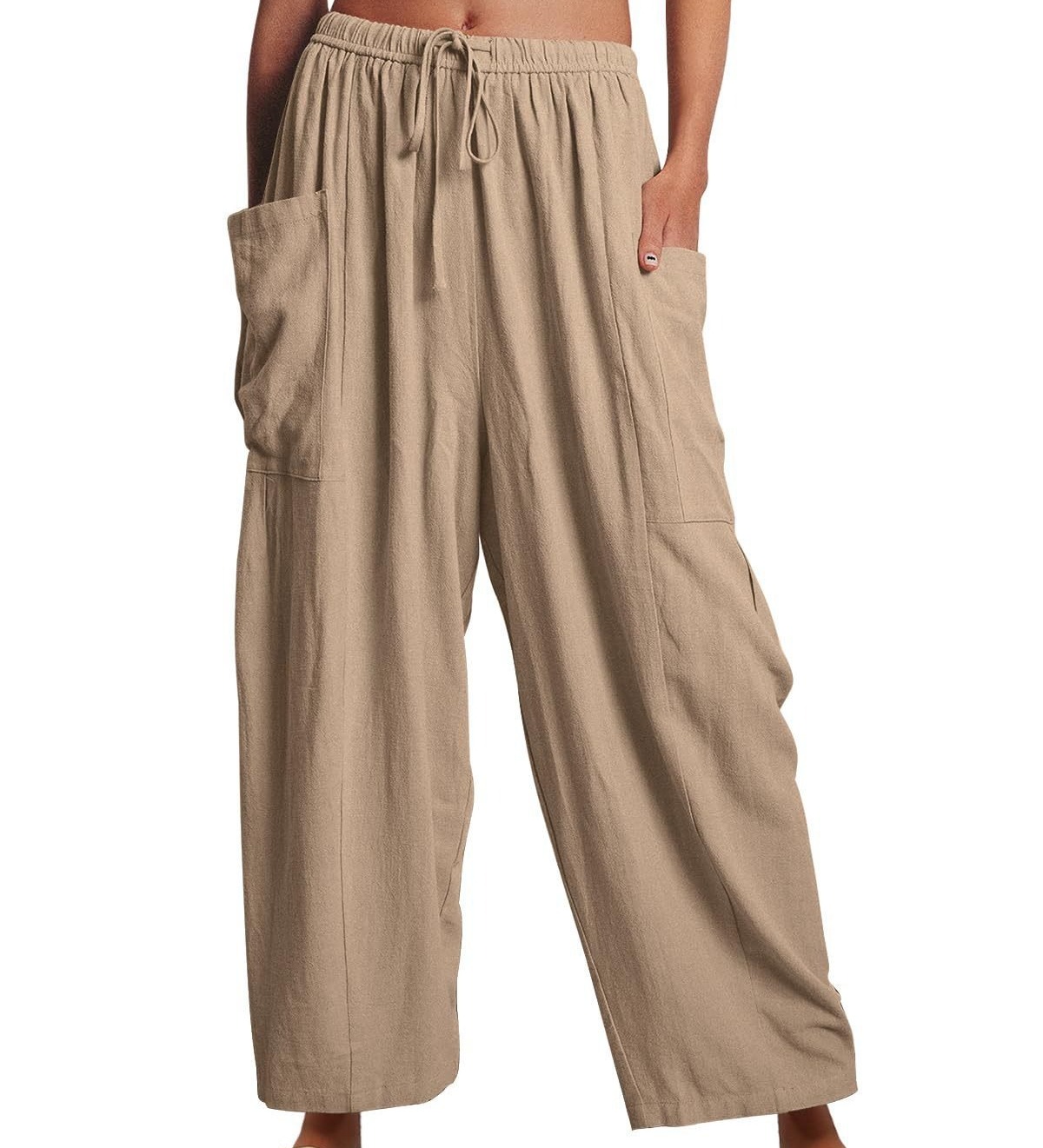Women's Tie Waist Elastic High Waisted Ruffled Wide Leg Pants with Two Large Pockets  Loose Casual Linen Cotton Trousers