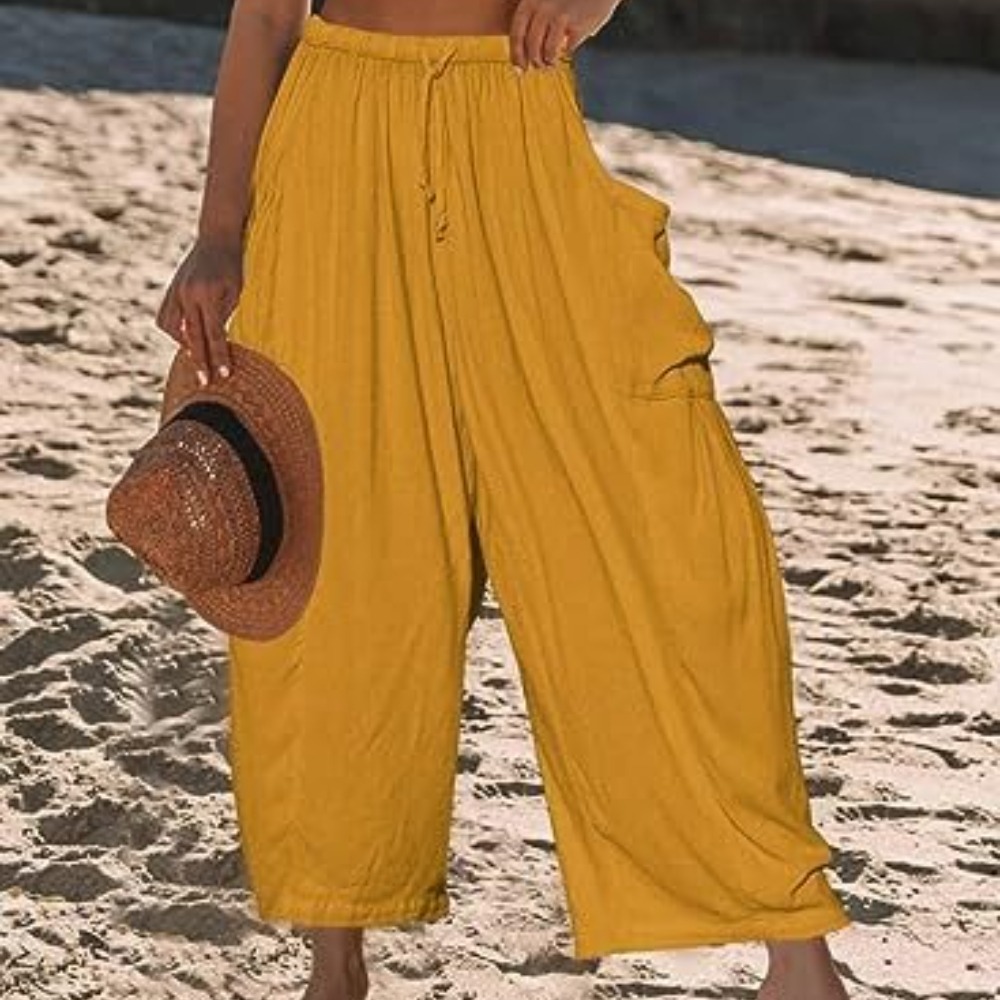 Women's Tie Waist Elastic High Waisted Ruffled Wide Leg Pants with Two Large Pockets  Loose Casual Linen Cotton Trousers