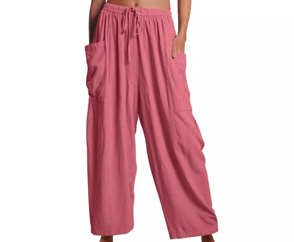 Women's Tie Waist Elastic High Waisted Ruffled Wide Leg Pants with Two Large Pockets  Loose Casual Linen Cotton Trousers