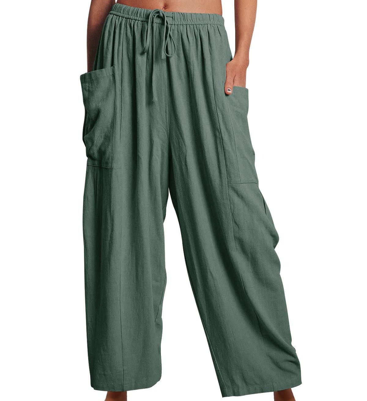 Women's Tie Waist Elastic High Waisted Ruffled Wide Leg Pants with Two Large Pockets  Loose Casual Linen Cotton Trousers
