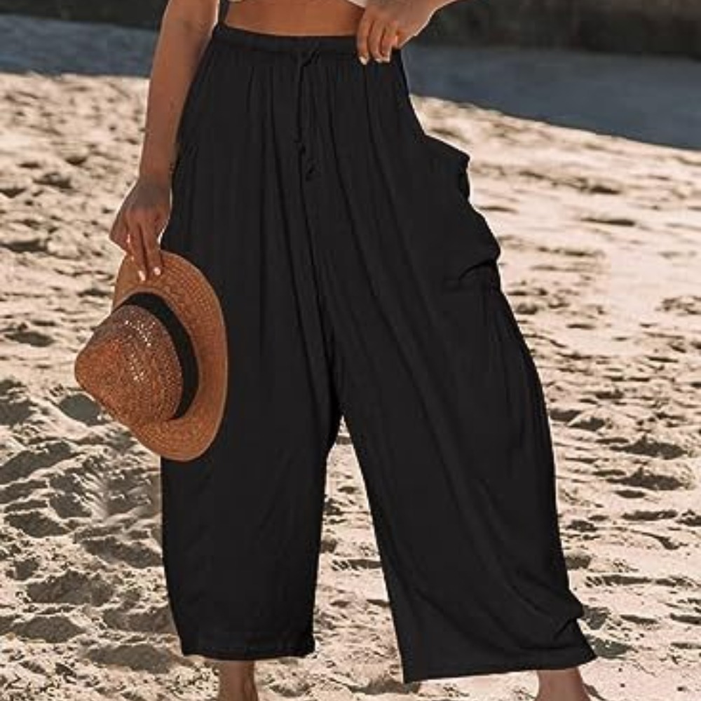 Women's Tie Waist Elastic High Waisted Ruffled Wide Leg Pants with Two Large Pockets  Loose Casual Linen Cotton Trousers
