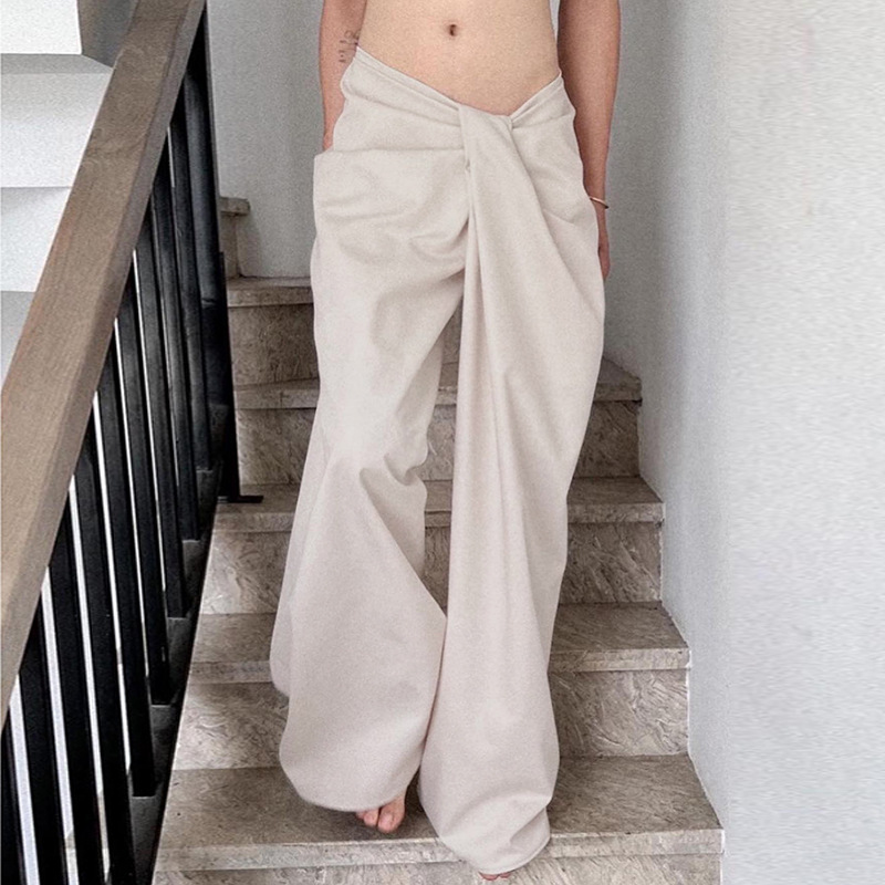 Women's Elegant Casual Irregular Twist Low Waist Solid Color Wide Leg Pants Loose Drapey Trousers