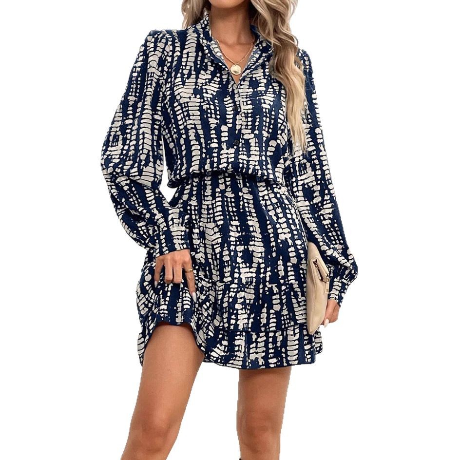 Women's Fashion Long-Sleeve V-Neck Ruffled Waist-Cinching Dress