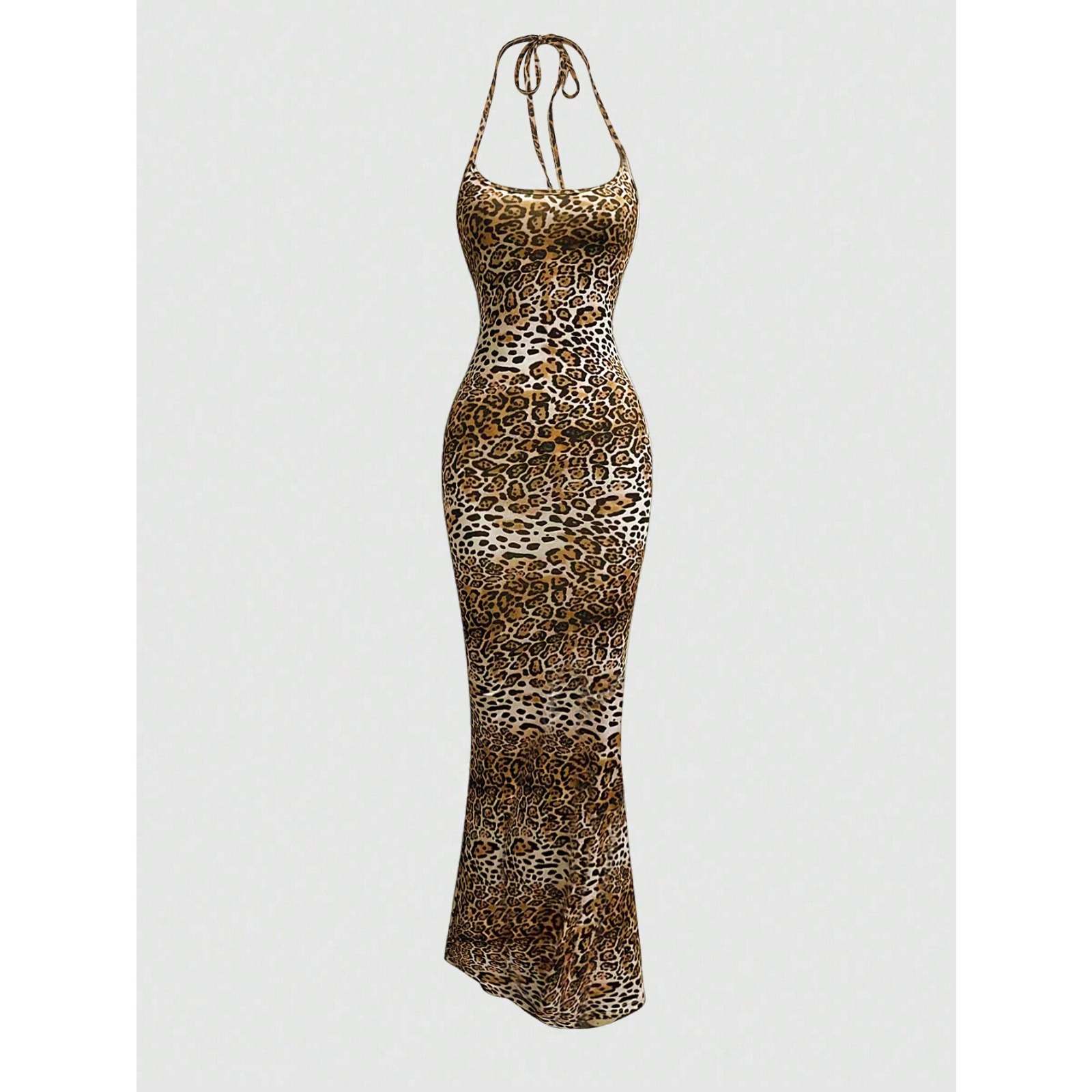 Women's Halter Neck Leopard Print Bodycon Backless Mermaid Dress Sexy Club Night Long Gown