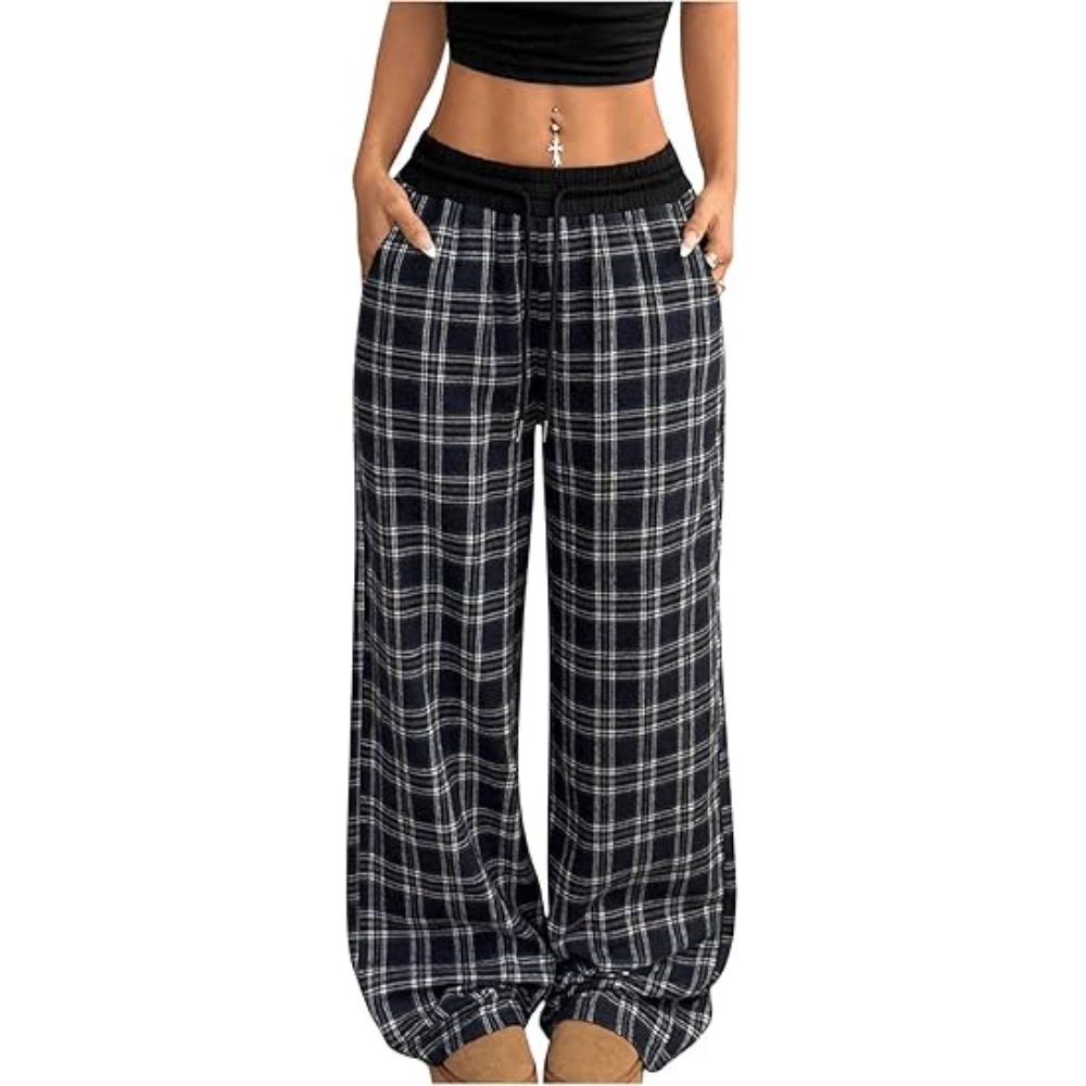  Women's Trendy Plaid Gingham Casual Pants Drawstring Elastic Waist Wide Leg Baggy Long Trousers with Pockets, Y2K Checkered Loose Fit Pants for Daily Outfits, Street Style 