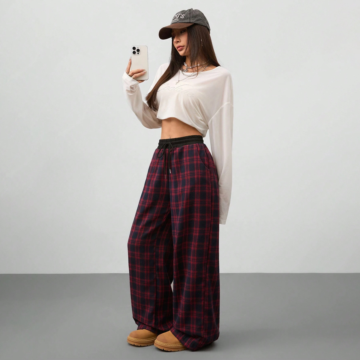  Women's Trendy Plaid Gingham Casual Pants Drawstring Elastic Waist Wide Leg Baggy Long Trousers with Pockets, Y2K Checkered Loose Fit Pants for Daily Outfits, Street Style 