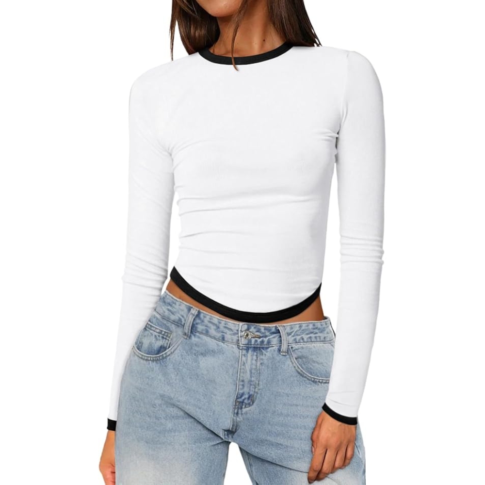 2025欧美亚马逊跨境女装秋冬新款长袖圆领修身撞色短款套头上衣女