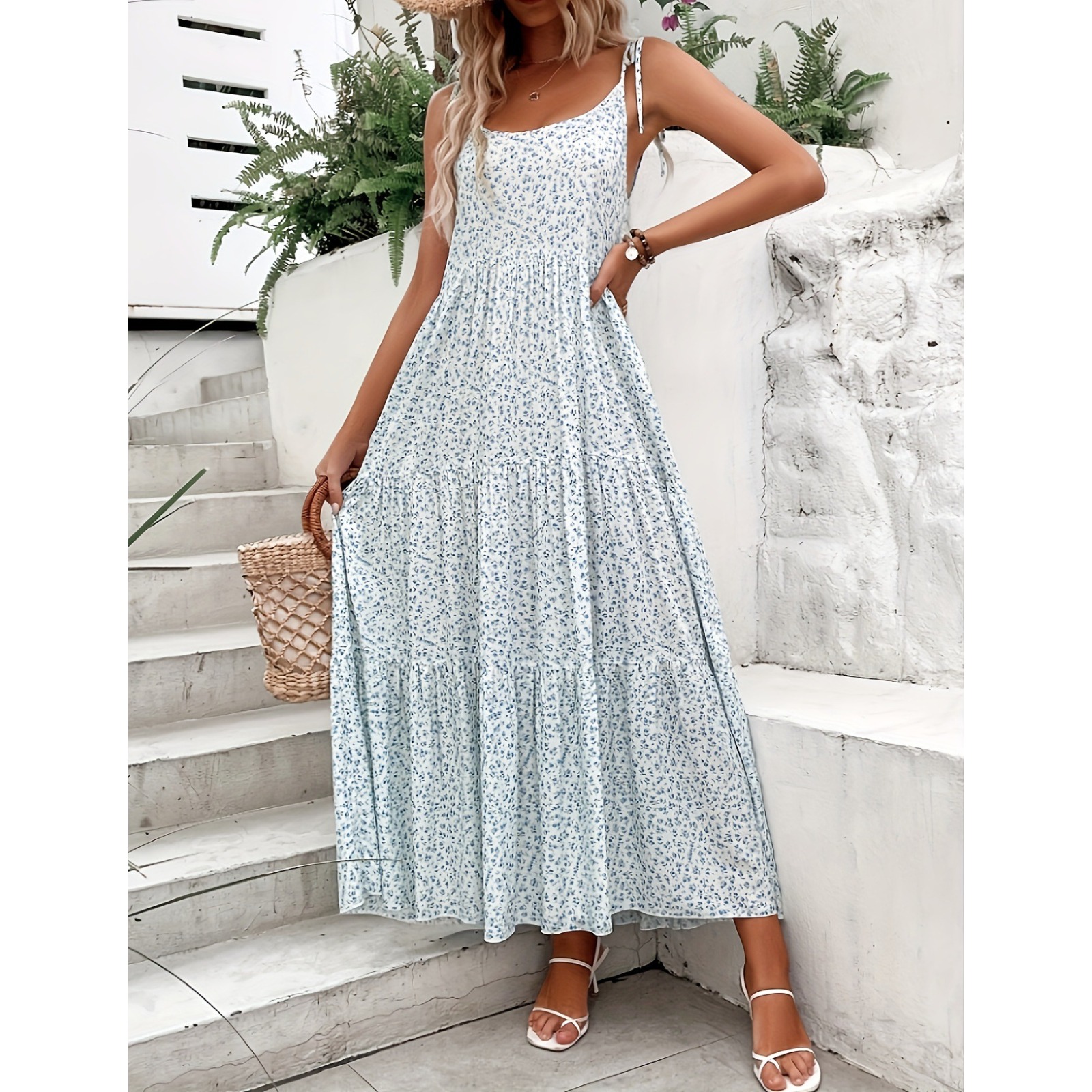 春夏秋度假小碎花印花多层大摆短袖吊带连衣裙