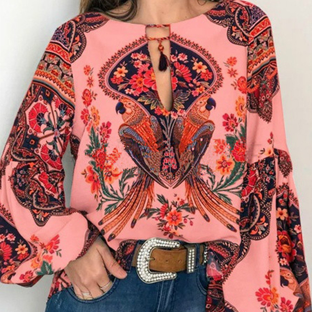Women's New Spring & Summer Fashionable Personality Printed Round Neck Lantern Sleeve Blouse