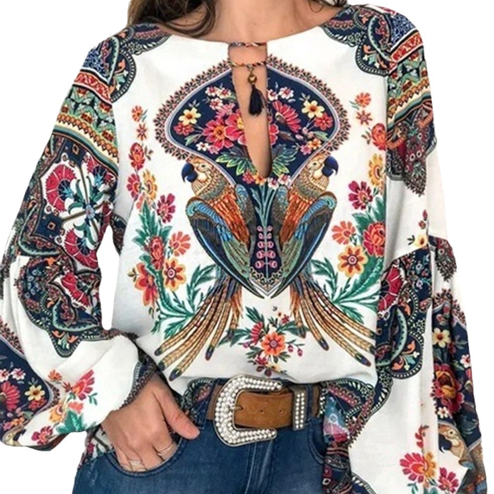 Women's New Spring & Summer Fashionable Personality Printed Round Neck Lantern Sleeve Blouse