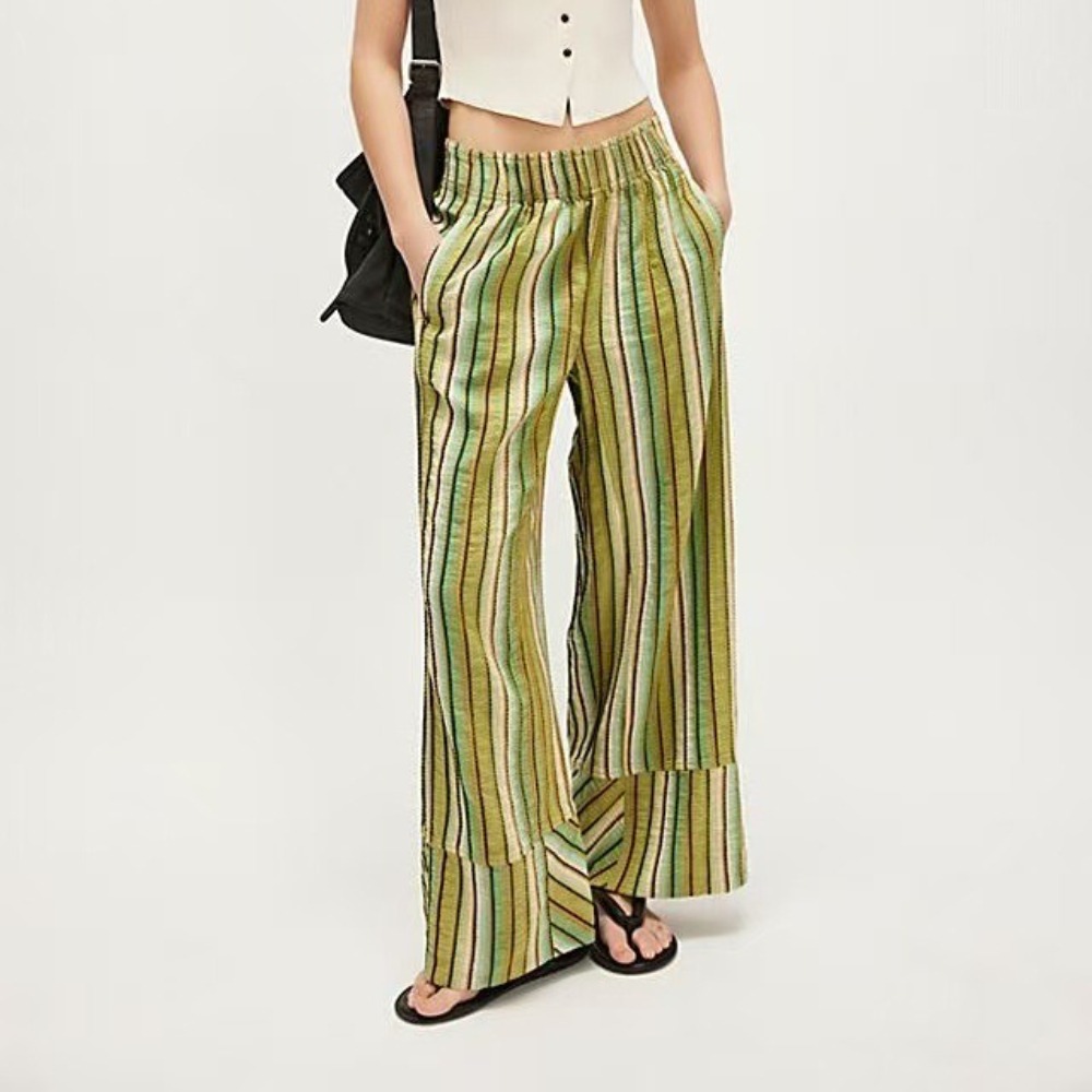 条纹阔腿裤女新款春秋季宽松休闲高腰松紧腰长裤女