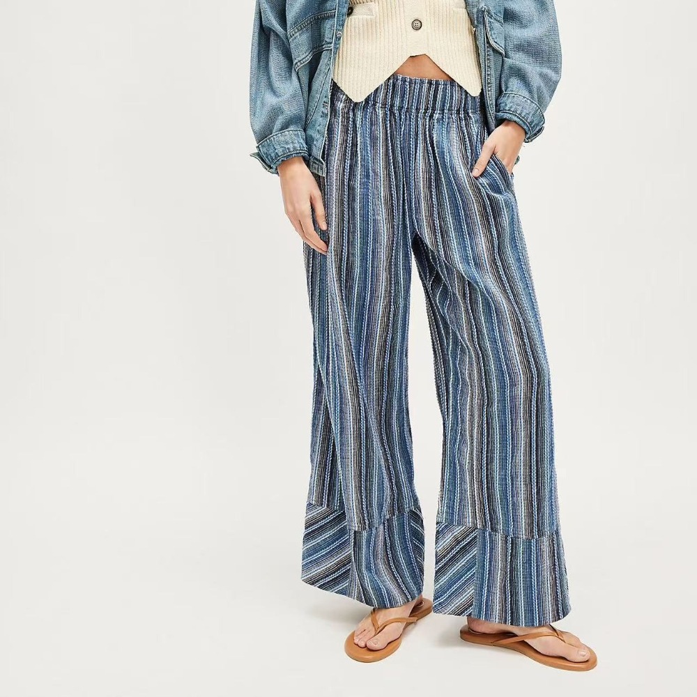 Women's New Striped Wide Leg Pants Spring Autumn Loose Casual High-Waist Elastic Waist Trousers