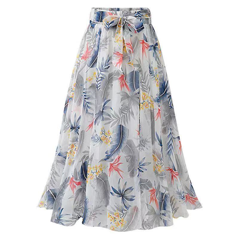 夏季薄款中长裙子女高腰雪纺半身裙碎花A字大摆裙