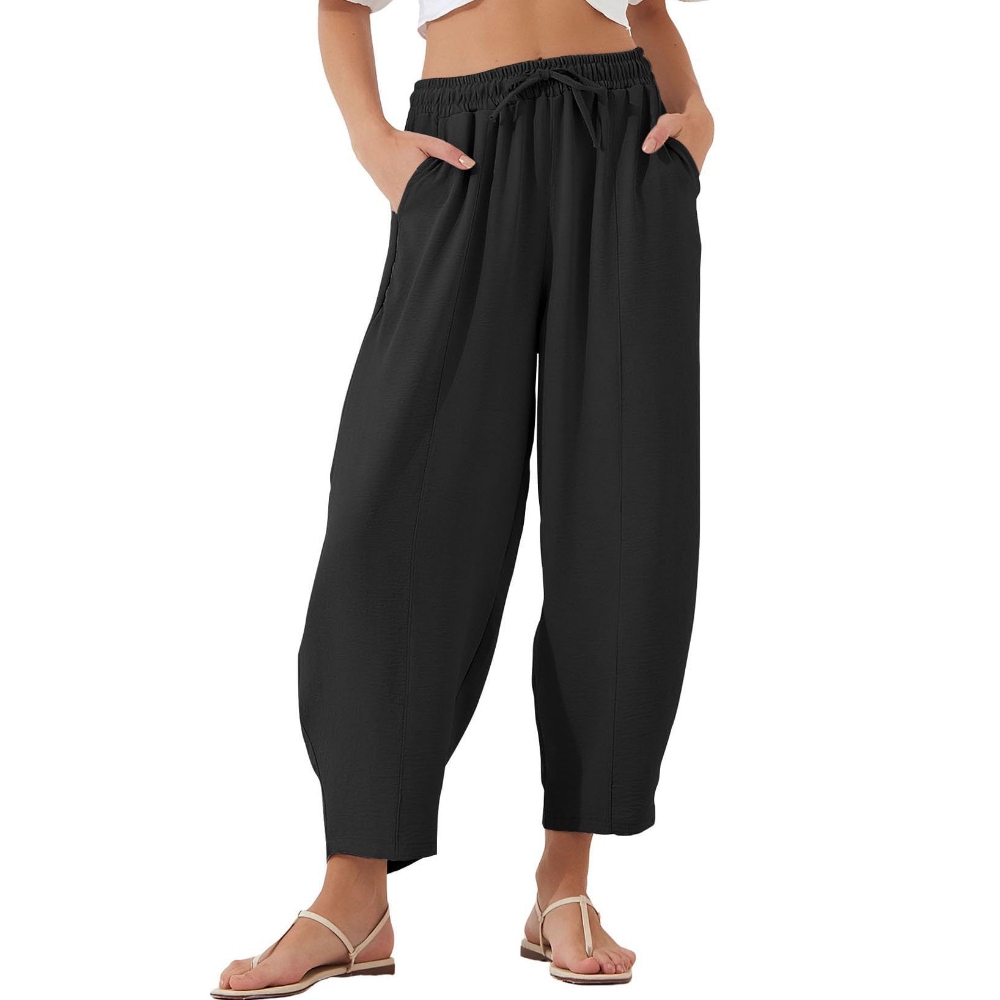  Women's High Waisted Loose Fit Ankle Length Pants with Drawstring & Side Pockets, Casual Soft Breathable Trendy Baggy Trouser Slacks for Daily Wear, Beach Vacation & Weekend Outings