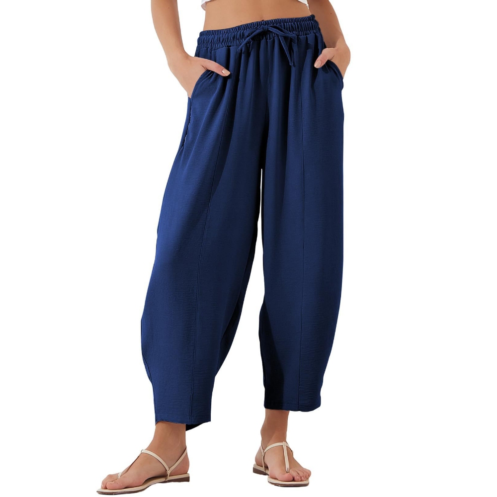  Women's High Waisted Loose Fit Ankle Length Pants with Drawstring & Side Pockets, Casual Soft Breathable Trendy Baggy Trouser Slacks for Daily Wear, Beach Vacation & Weekend Outings