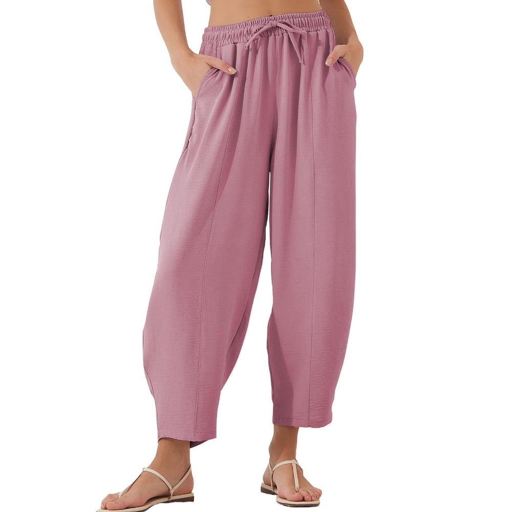 欧美跨境亚马逊女装2025秋冬季高腰宽松度假休闲拉绳插口袋九分裤