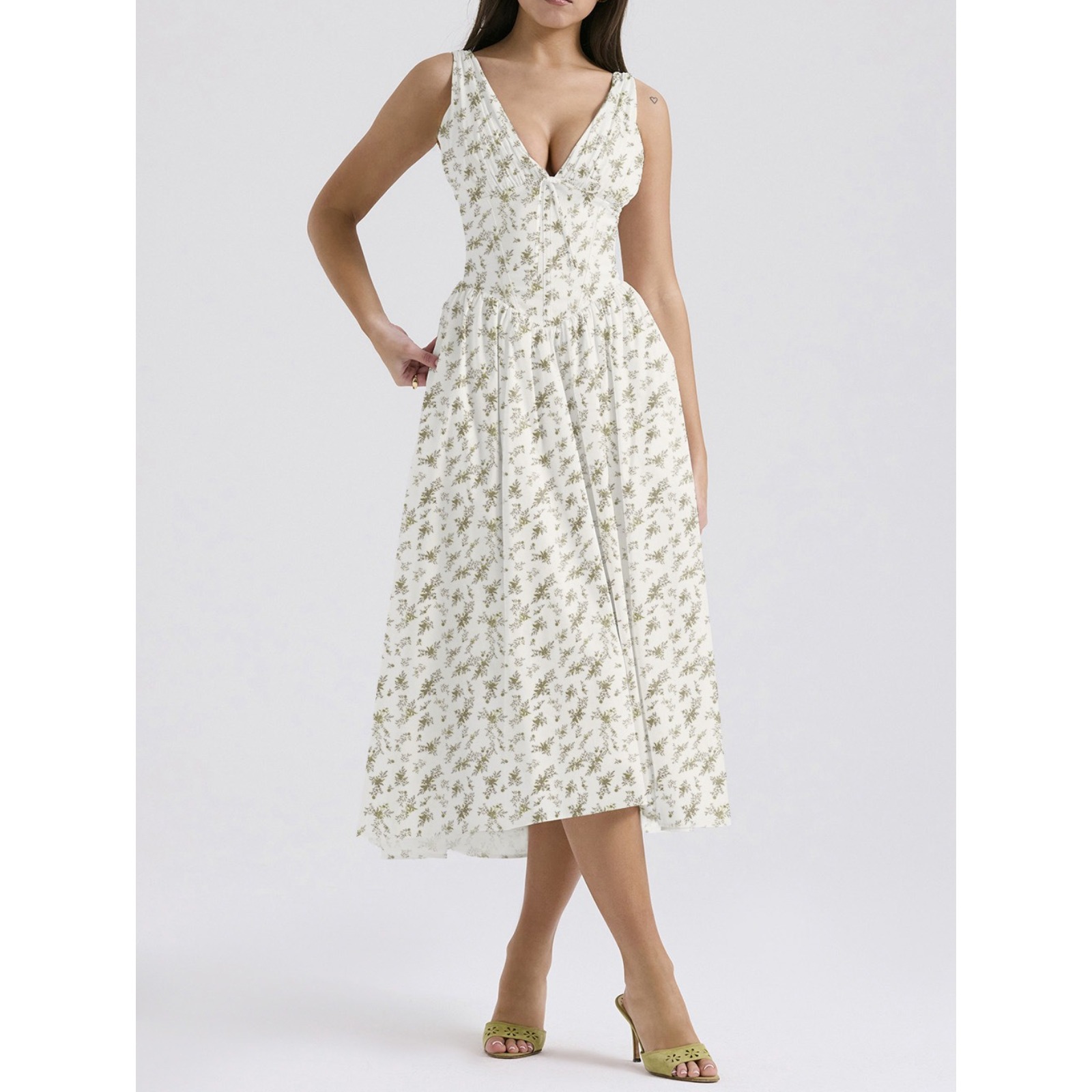 2025夏季新款修身吊带长裙欧美风时尚印花V领气质连衣裙