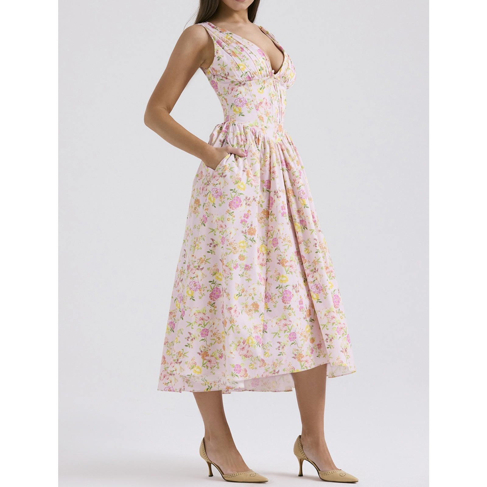 2025夏季新款修身吊带长裙欧美风时尚印花V领气质连衣裙