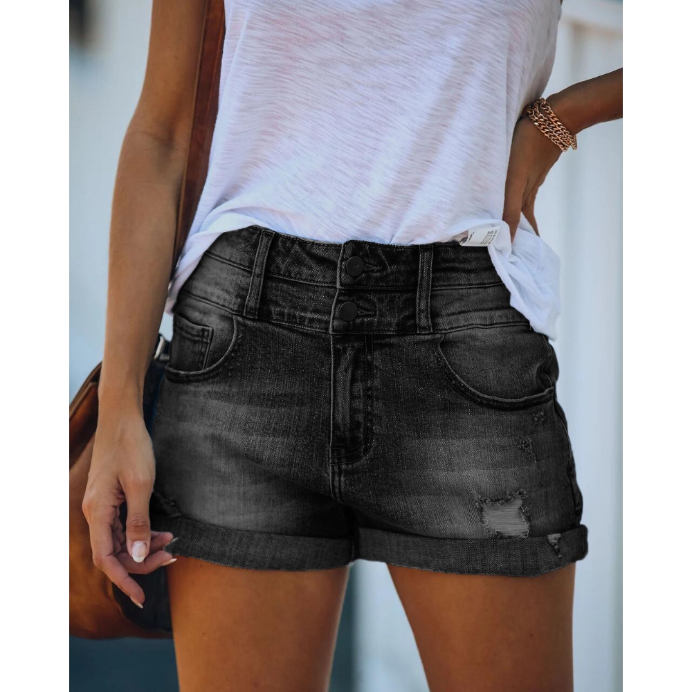 Women's Summer High Waisted Ripped Denim Shorts Stretchy Breathable Distressed Cuffed Hem Hot Pants Trendy Slim Fit Jean Shorts for Beach Vacation Streetwear