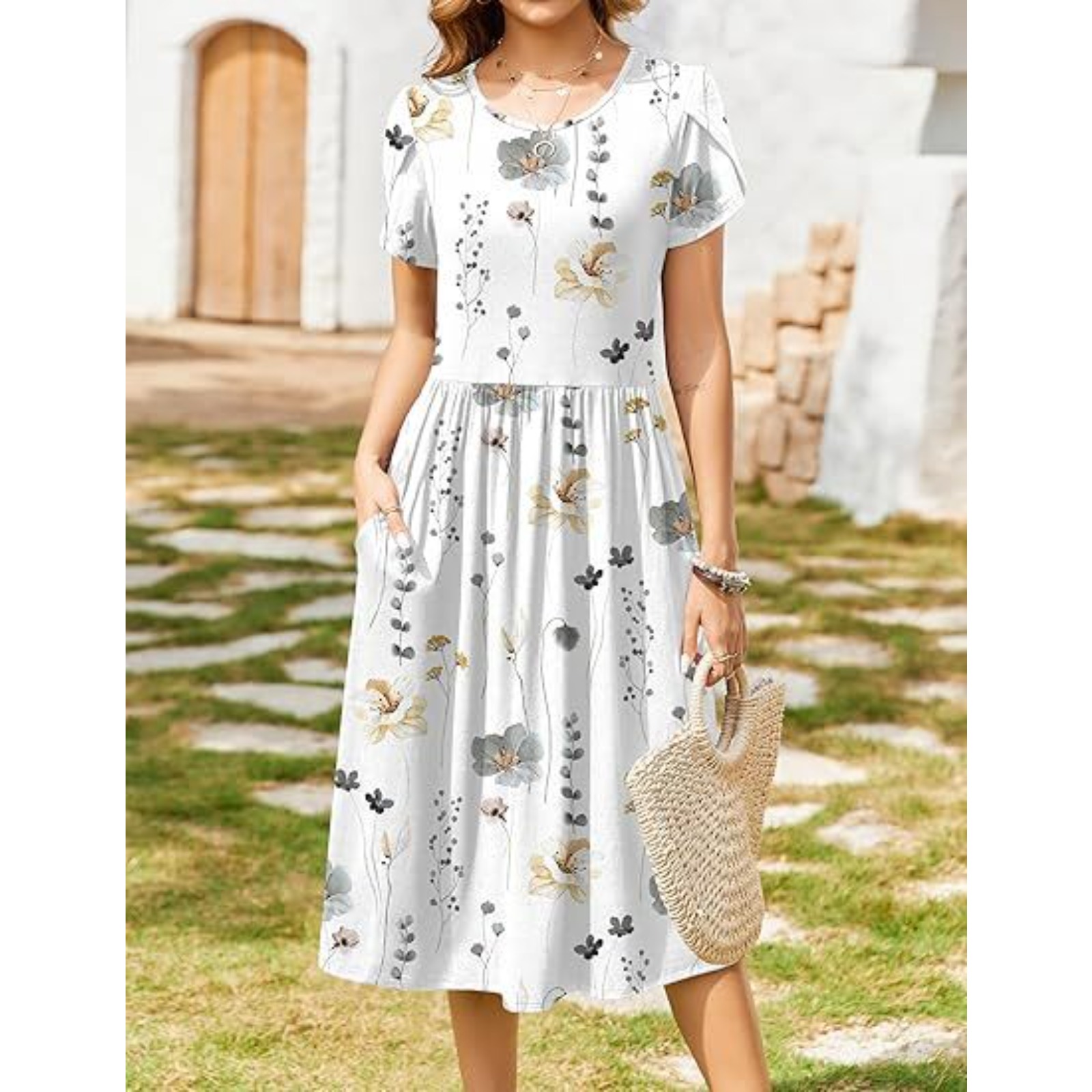 Women's Round Neck Floral Print Midi Dress Ruffle Trim Short Sleeve Loose Shift Silhouette Vacation Ready
