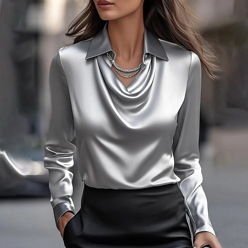 Women's Elegant Satin Cowl Neck Long Sleeve Blouse Satin Silky Cowl Neck Drape Ruched Front Shirt Tops for Office, Date Nights & Casual Outings, 2025 Trendy Lightweight Breathable Slim Comfort Blouse
