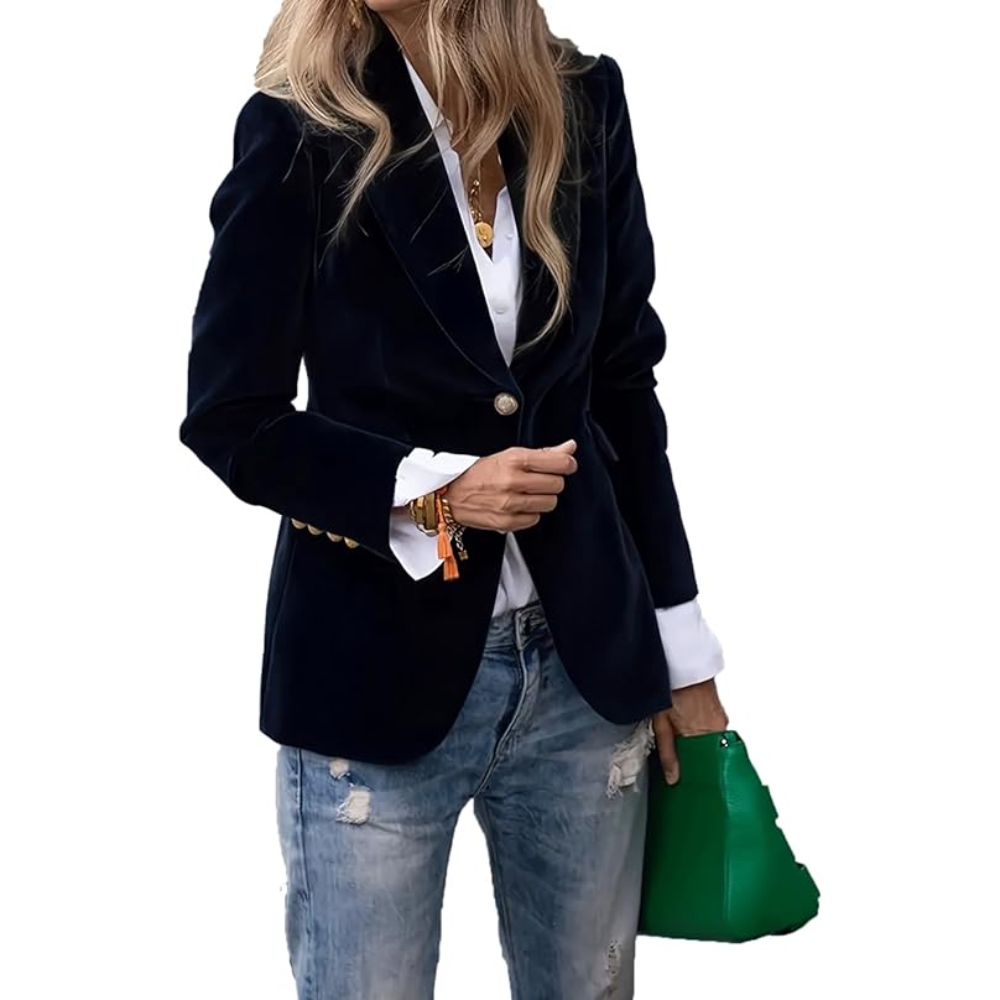 Women's Spring Vintage Velvet Blazer Jacket V-Neck Long Sleeve Slim Fit Single Button Front Suit Jackets Notched Collar Elegant Trendy Office Chic  Dressy Coat for Business Meetings