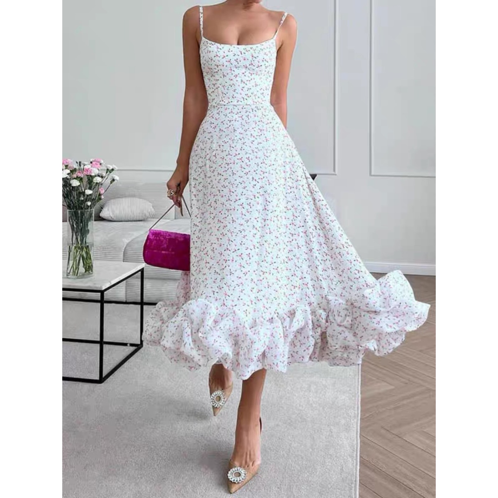 Women's Strapless 3D Floral Applique A-Line Maxi Dress Flowy Party Gown with Elastic Waist Formal Bridesmaid Dress