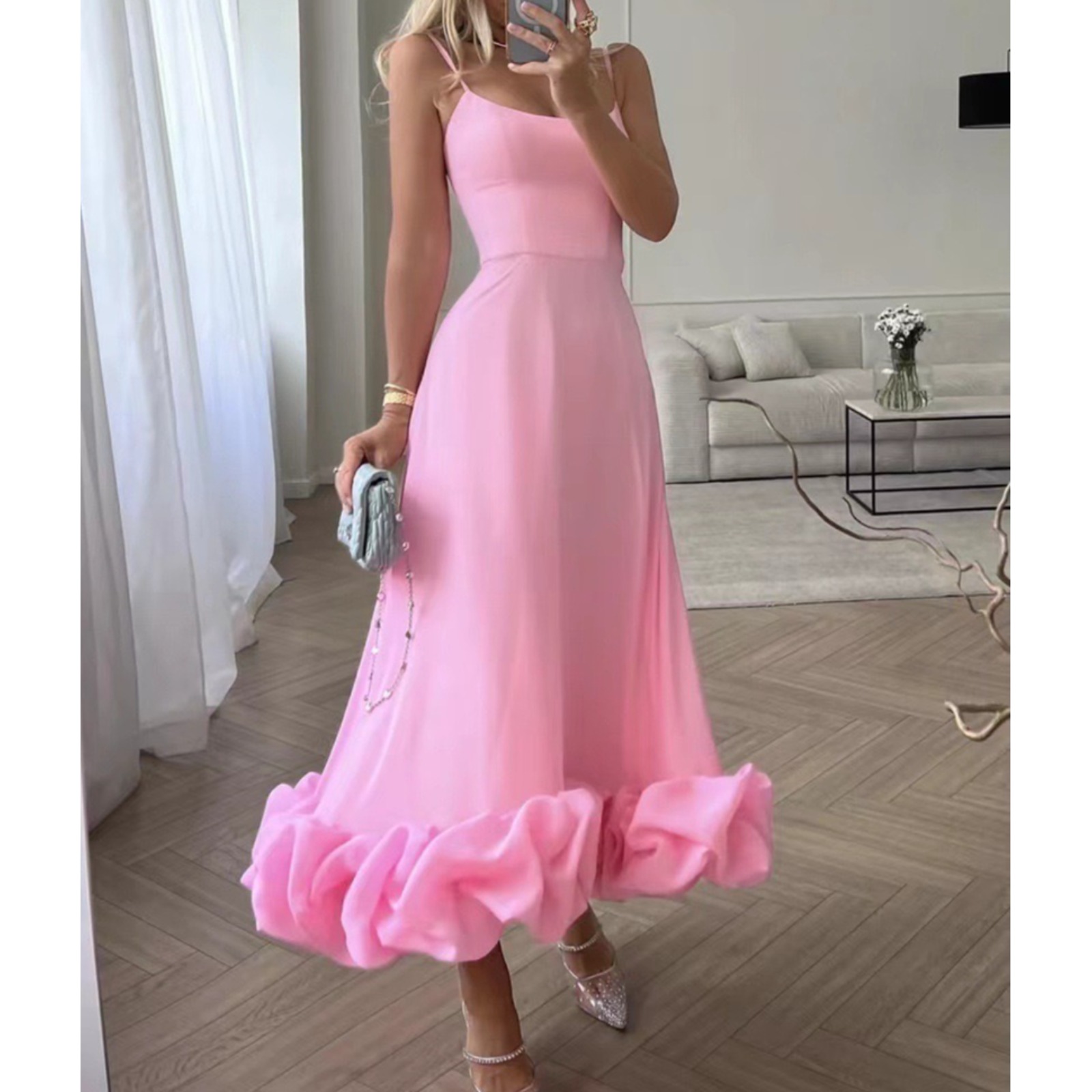 时尚吊带大摆立体花朵A字裙