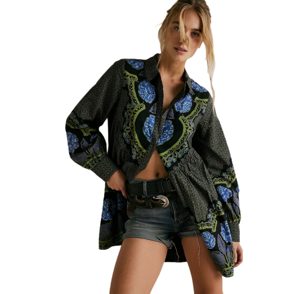 独立站亚马逊eBay速卖通欧美印花翻领长袖宽松大摆连衣裙2024秋冬