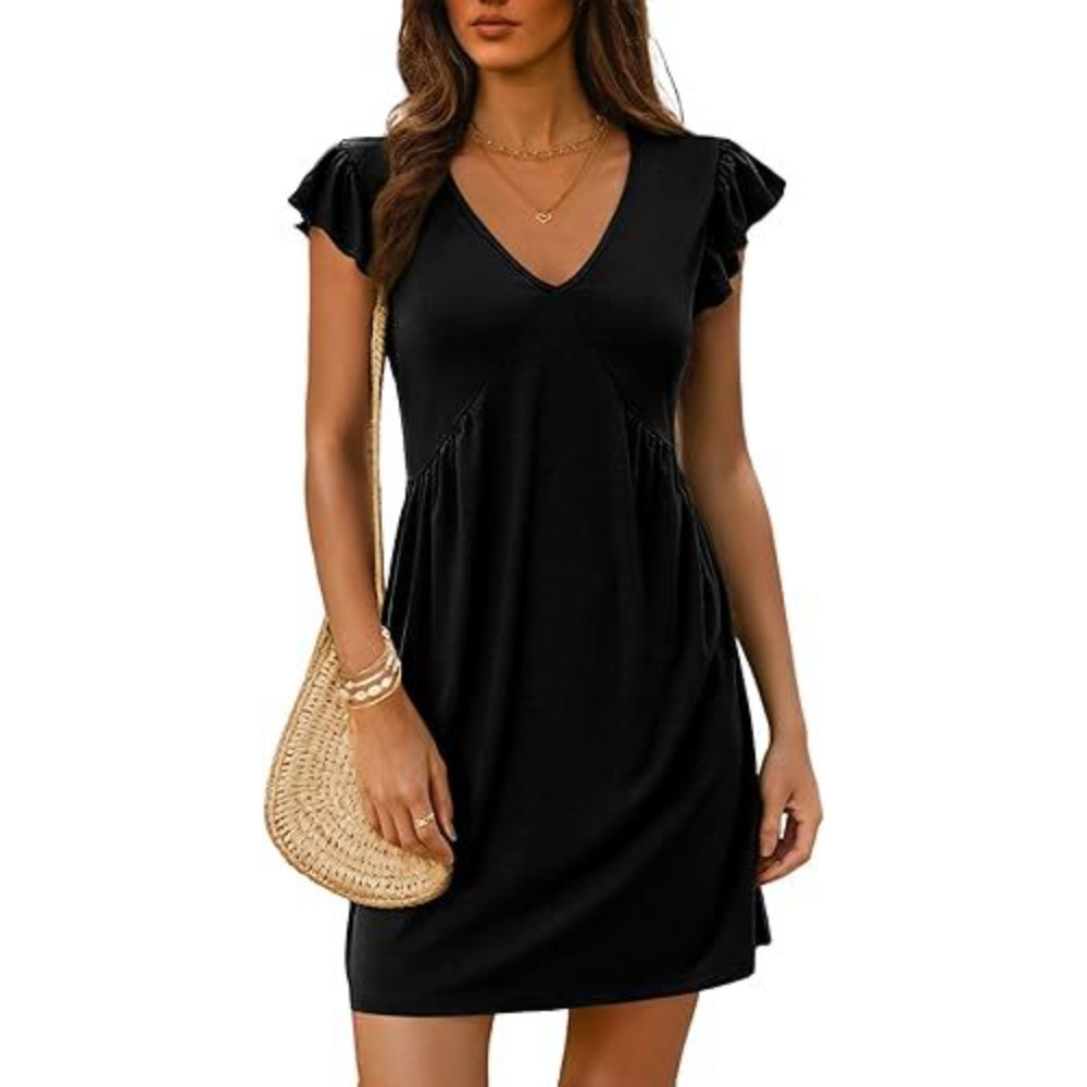 Women's Summer V-Neck Ruffle Sleeve Mini Dress Casual Loose Flowy Slim Ruched A-line Dress Soft Breathable Swing Elastic Tunic Beach Sundress for Daily Wear, Vacation & Party Dating