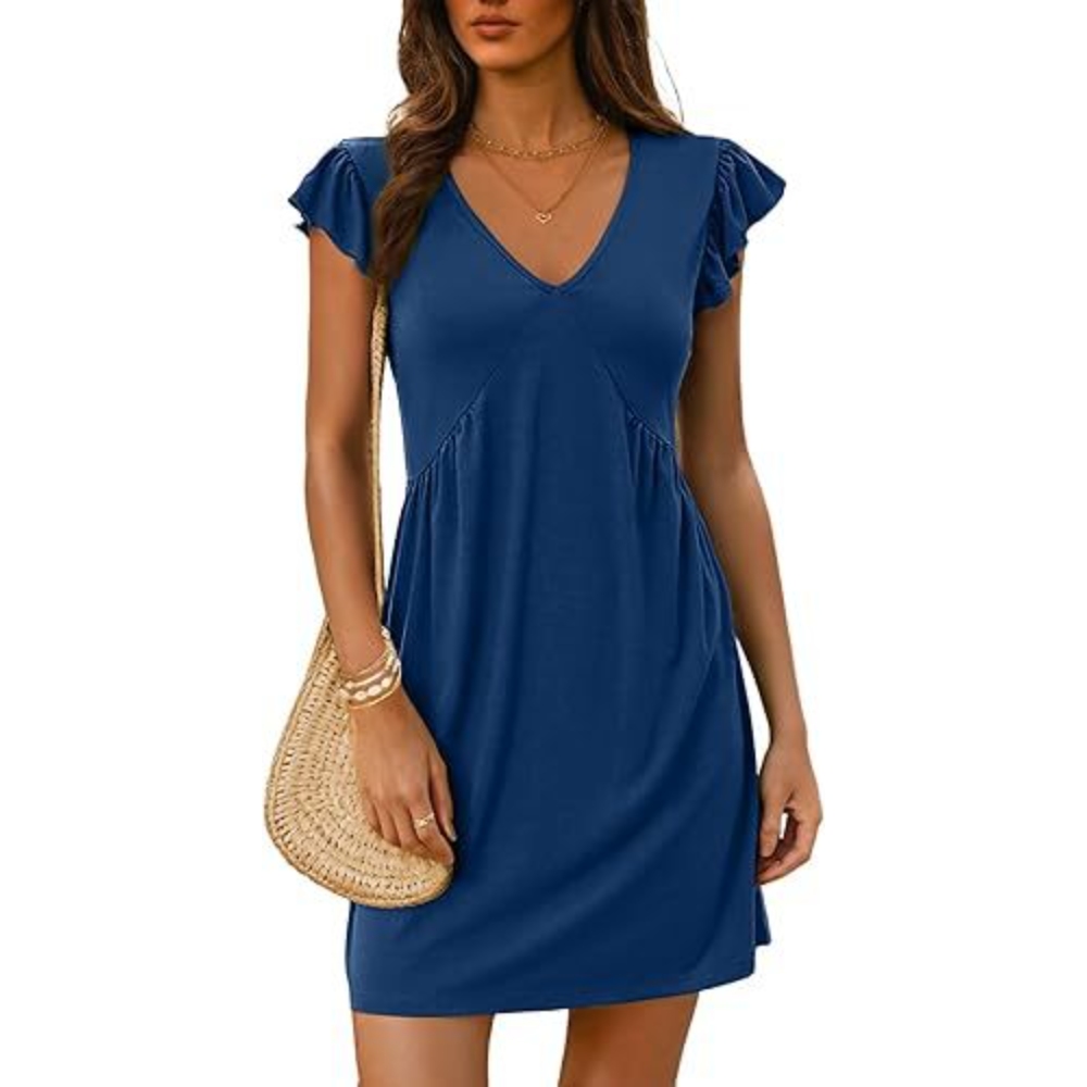Women's Summer V-Neck Ruffle Sleeve Mini Dress Casual Loose Flowy Slim Ruched A-line Dress Soft Breathable Swing Elastic Tunic Beach Sundress for Daily Wear, Vacation & Party Dating
