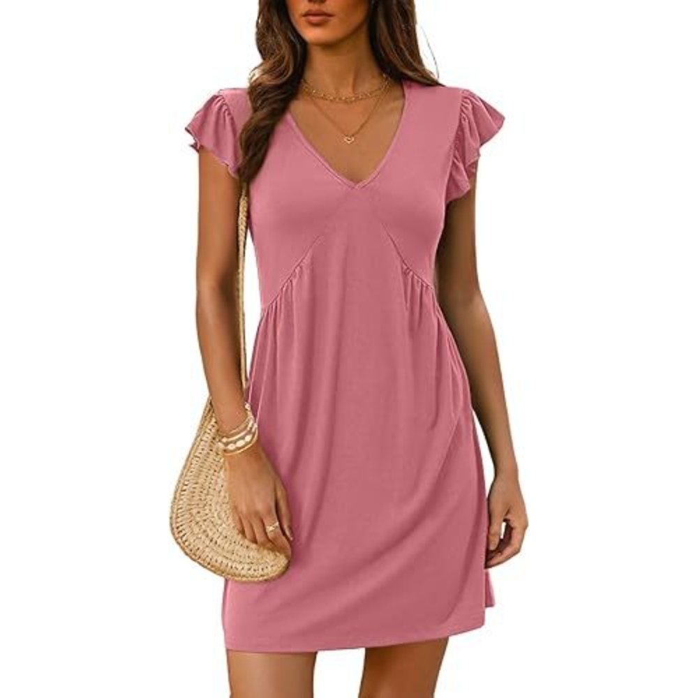 2025欧美外贸跨境女装亚马逊爆款 V领飞飞袖褶皱迷你背心连衣裙