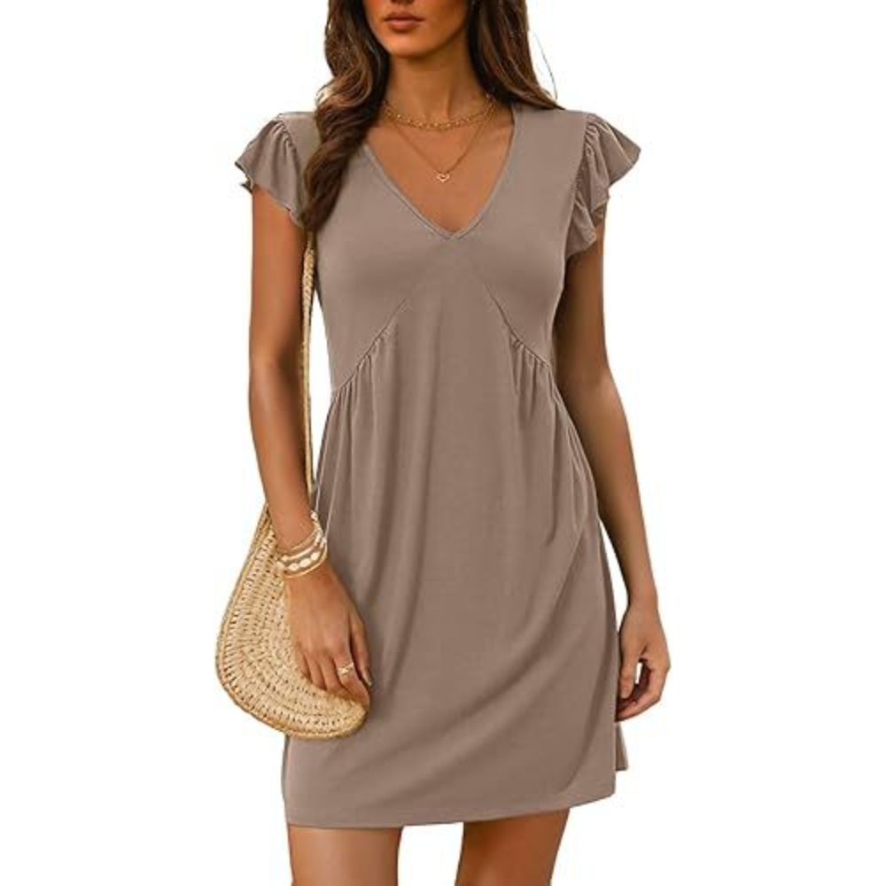 2025欧美外贸跨境女装亚马逊爆款 V领飞飞袖褶皱迷你背心连衣裙