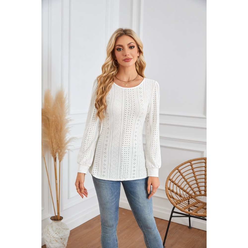 Women's Fall Crew Neck Bubble Long Sleeve Eyelet T-Shirt Hollow Out Eyelet Casual Loose Blouses for Fall & Winter, Casual Style for Daily Wear, Weekend Hangouts & Office Outfits,