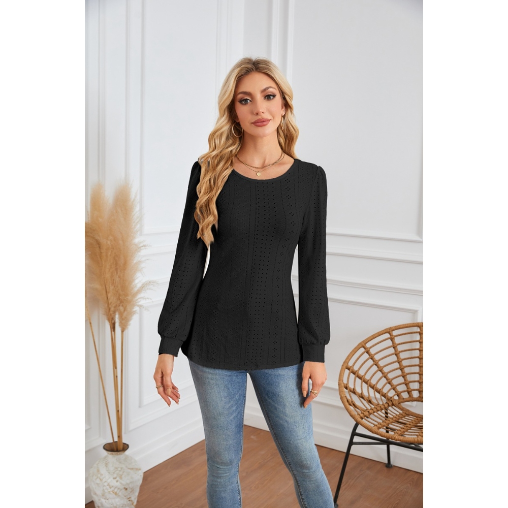 Women's Fall Crew Neck Bubble Long Sleeve Eyelet T-Shirt Hollow Out Eyelet Casual Loose Blouses for Fall & Winter, Casual Style for Daily Wear, Weekend Hangouts & Office Outfits,