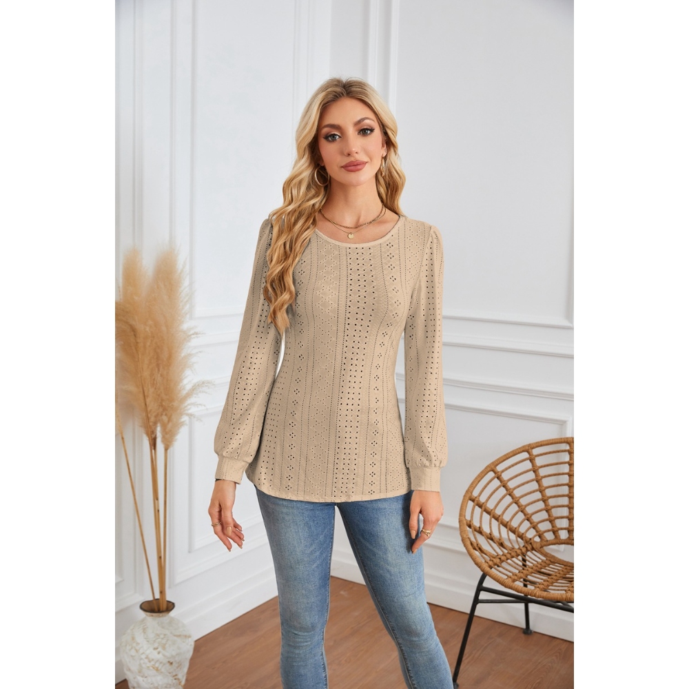 2024欧美外贸跨境女装亚马逊爆款 圆领小孔眼泡泡袖长袖上衣T恤衫