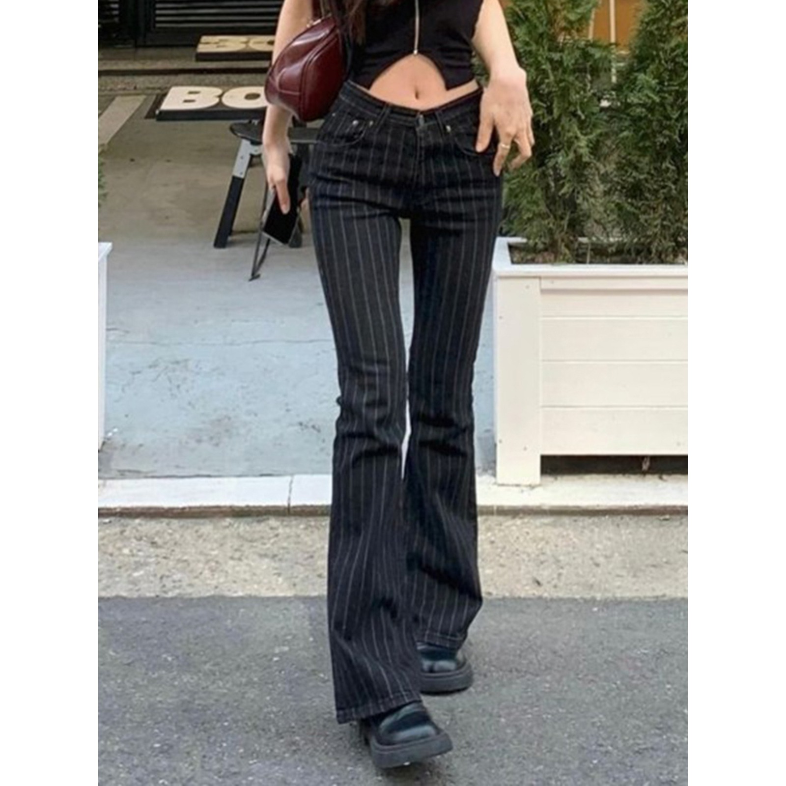 美式街头风酷妹修身条纹撞色喇叭裤跨境新款低腰直筒休闲牛仔长裤