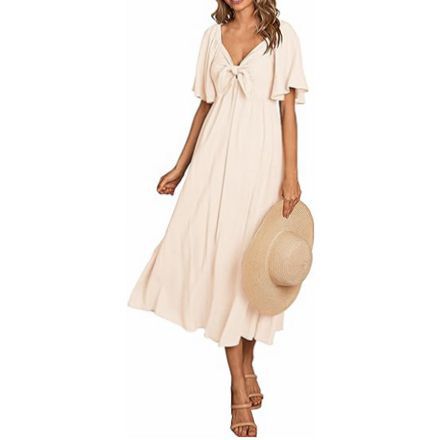 Women's Summer V-Neck Ruffled Short Sleeve Midi Dress Casual Lightweight Elegant Bow Tie Ruched Midi Flowy Dresses for Beach Days, Brunch Dates & Garden Parties        