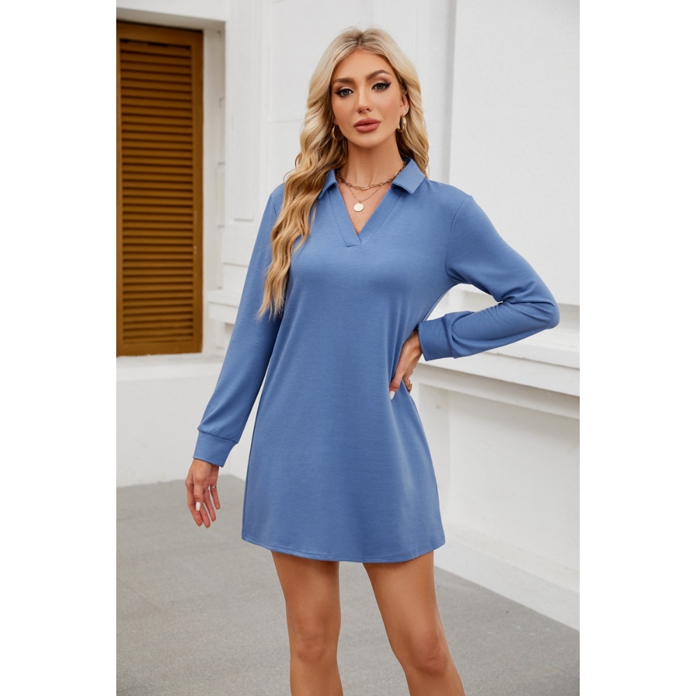 2024欧美外贸跨境女装亚马逊爆款翻领长袖休闲纯色运动卫衣连衣裙