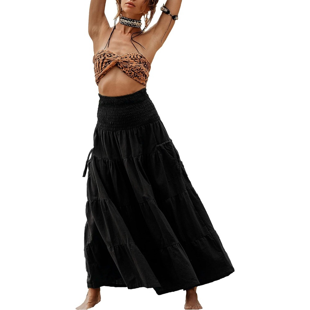 新款欧美休闲半身裙女波西米亚宽松纯色长裙含口袋