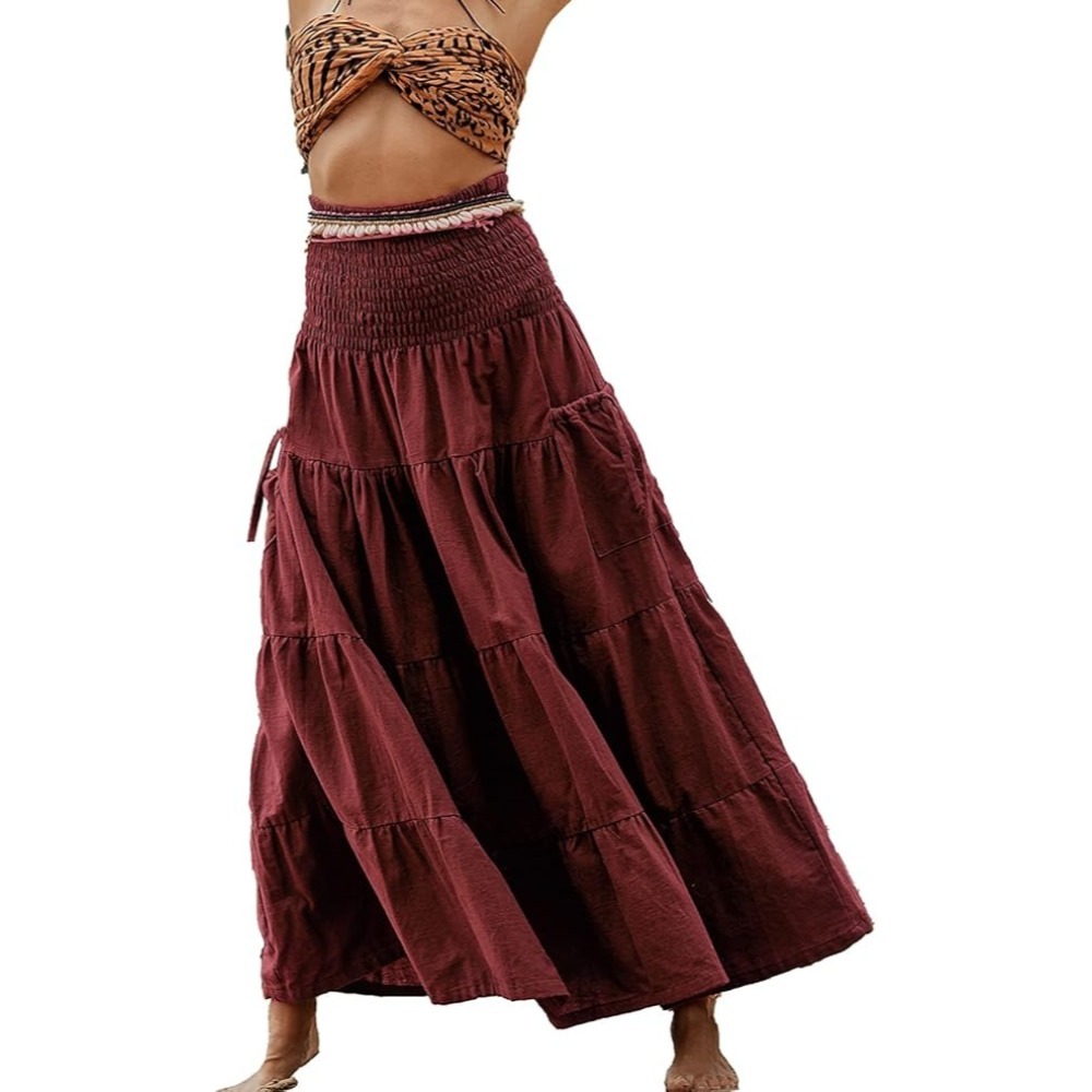 Women Cotton Maxi Boho Long Skirt with Pockets Hippie Elastic Waist Skirt