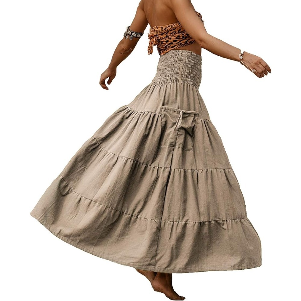 新款欧美休闲半身裙女波西米亚宽松纯色长裙含口袋