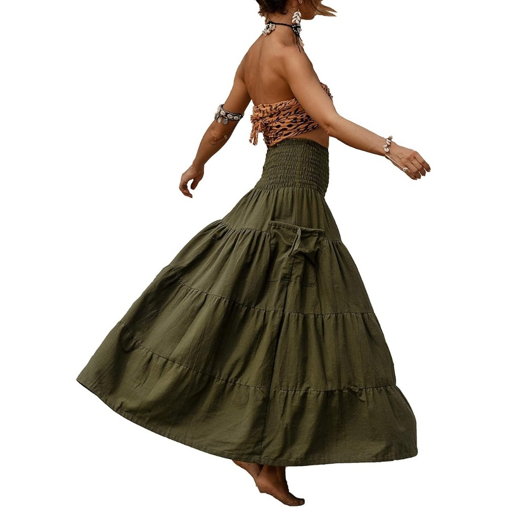 新款欧美休闲半身裙女波西米亚宽松纯色长裙含口袋