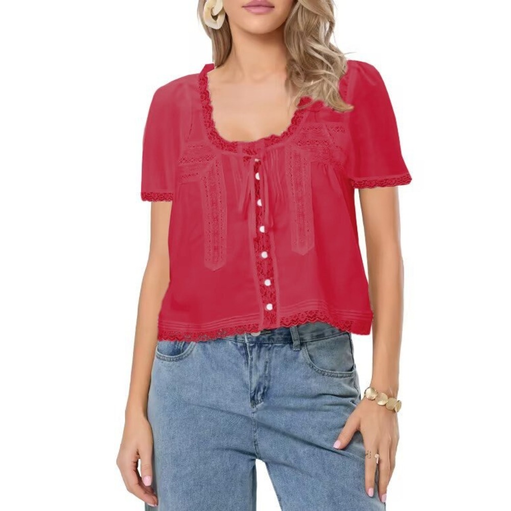 Women's French Style 3D Hollow Out High Density Organic Cotton Blouse Lightweight with Lace Trim & Tie Details