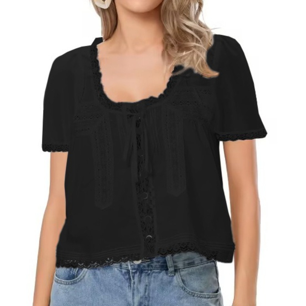 立体感镂空高密有机棉蕾丝收边法式系带轻薄小衫